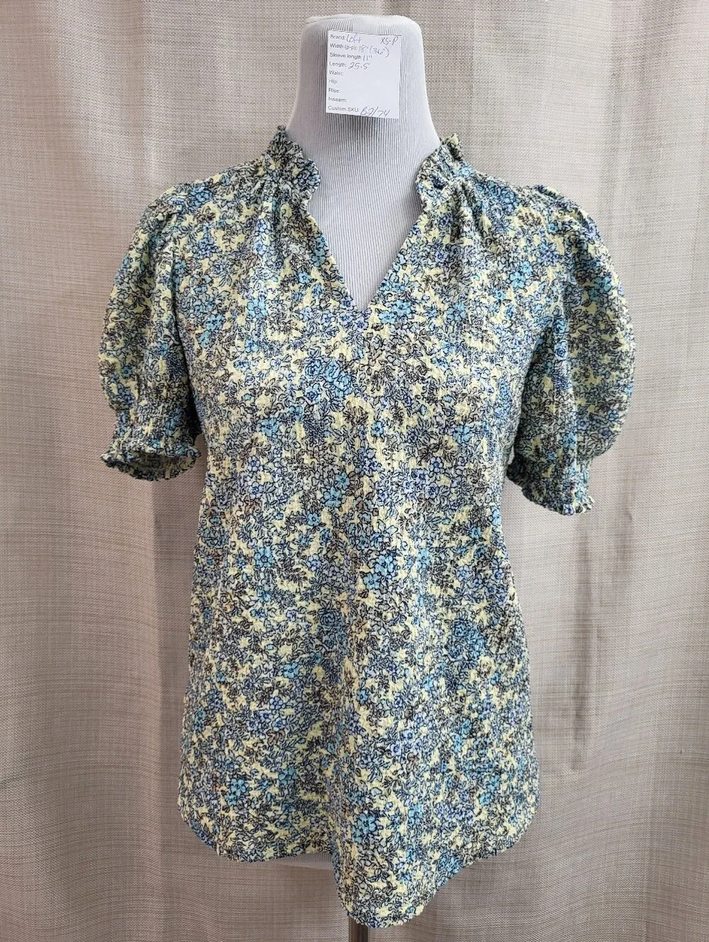 Loft Women's Peasant Floral Print Ruffle V-Neck Blouse Puff Sleeve‎ Size XS-Pet